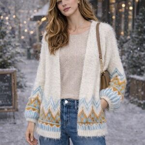 Shrinking Violet Ivory Cardigan with Sky and Mustard Patterns